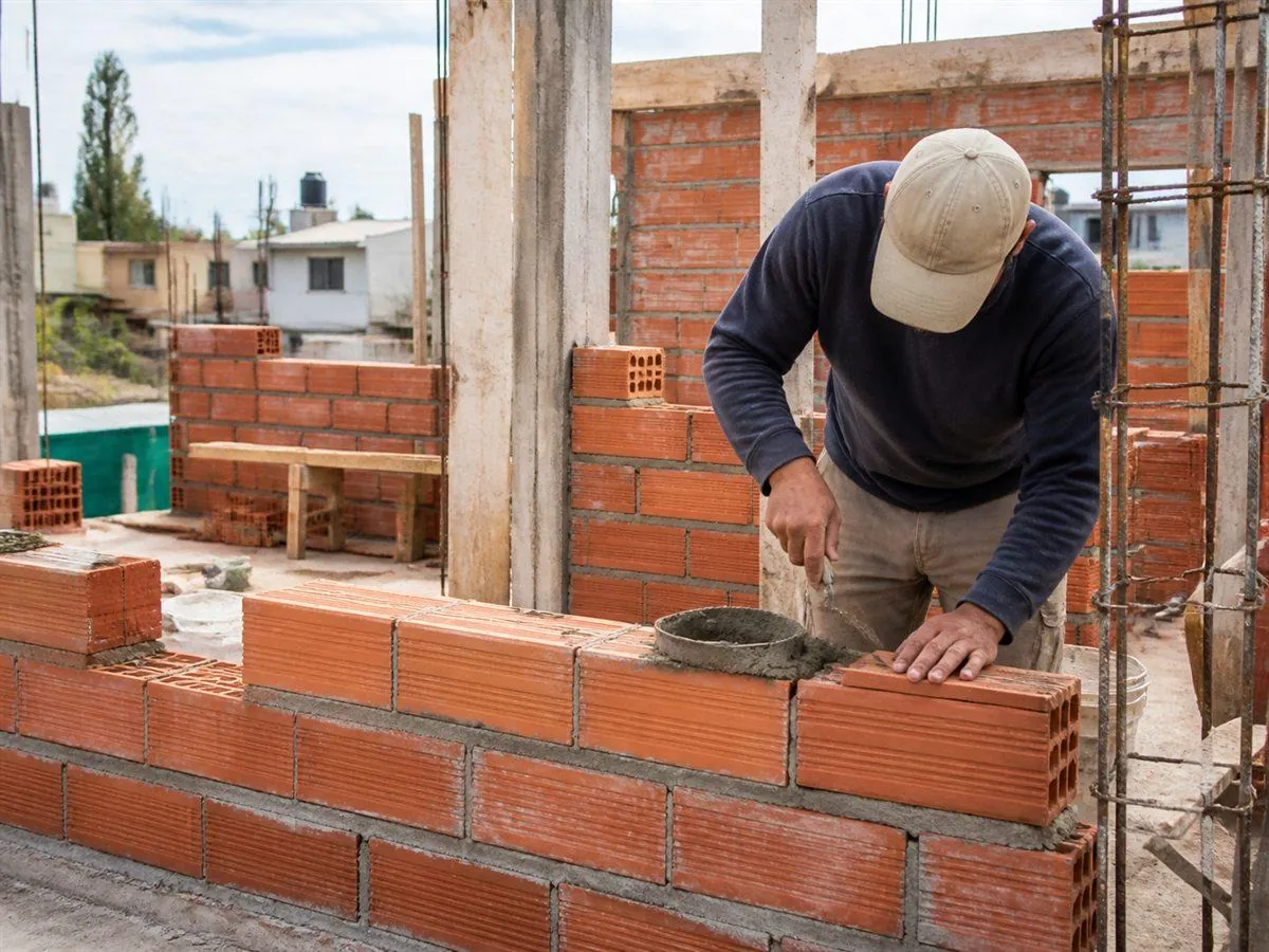 Albañiles construyendo muro de ladrillo en Santiago
